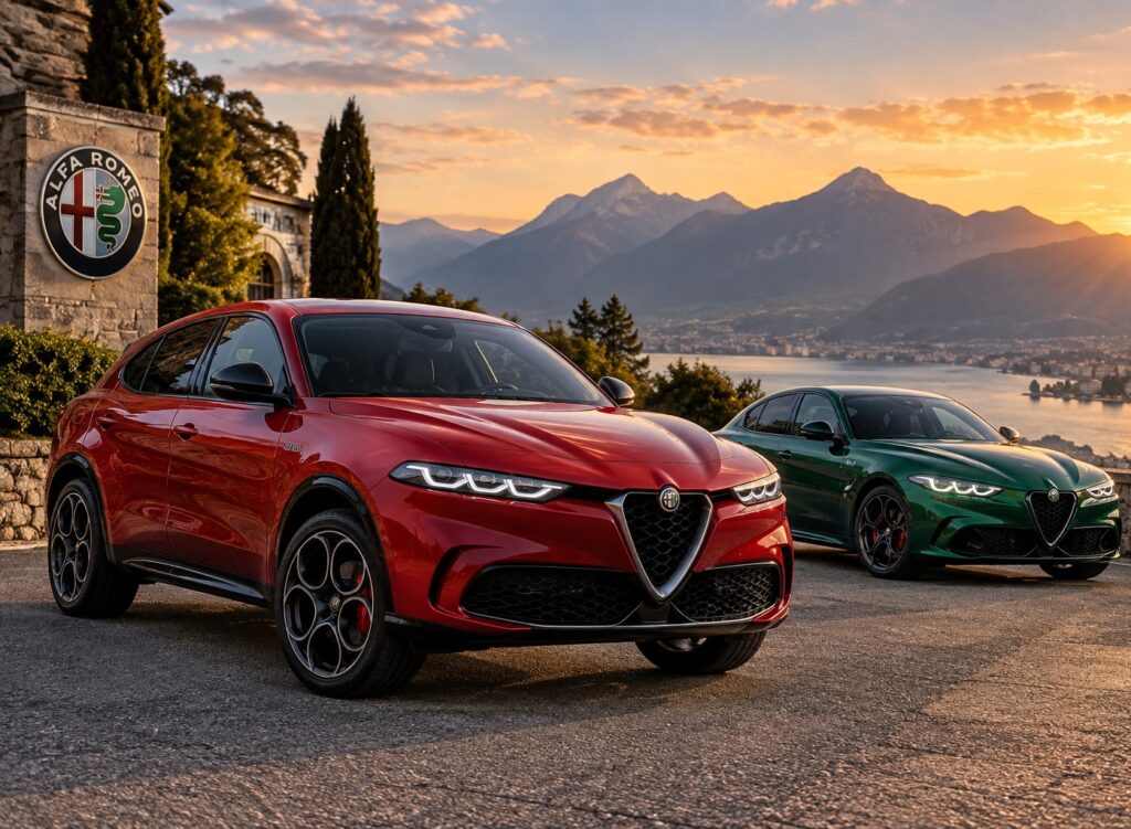 Roter Alfa Romeo SUV und grüne Alfa Romeo Limousine vor einer alpinen Seenlandschaft.