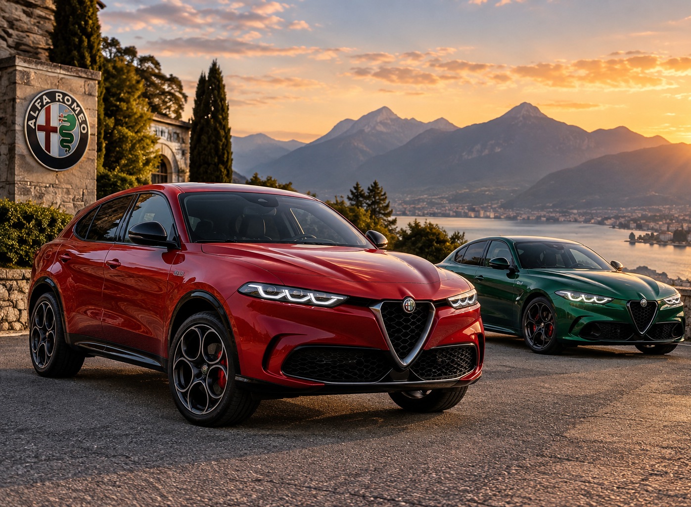 Roter Alfa Romeo SUV und grüne Alfa Romeo Limousine vor einer alpinen Seenlandschaft.