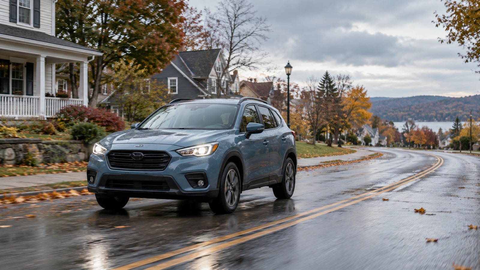Ein SUV fährt im Herbst bei Regen über eine nasse Strasse.