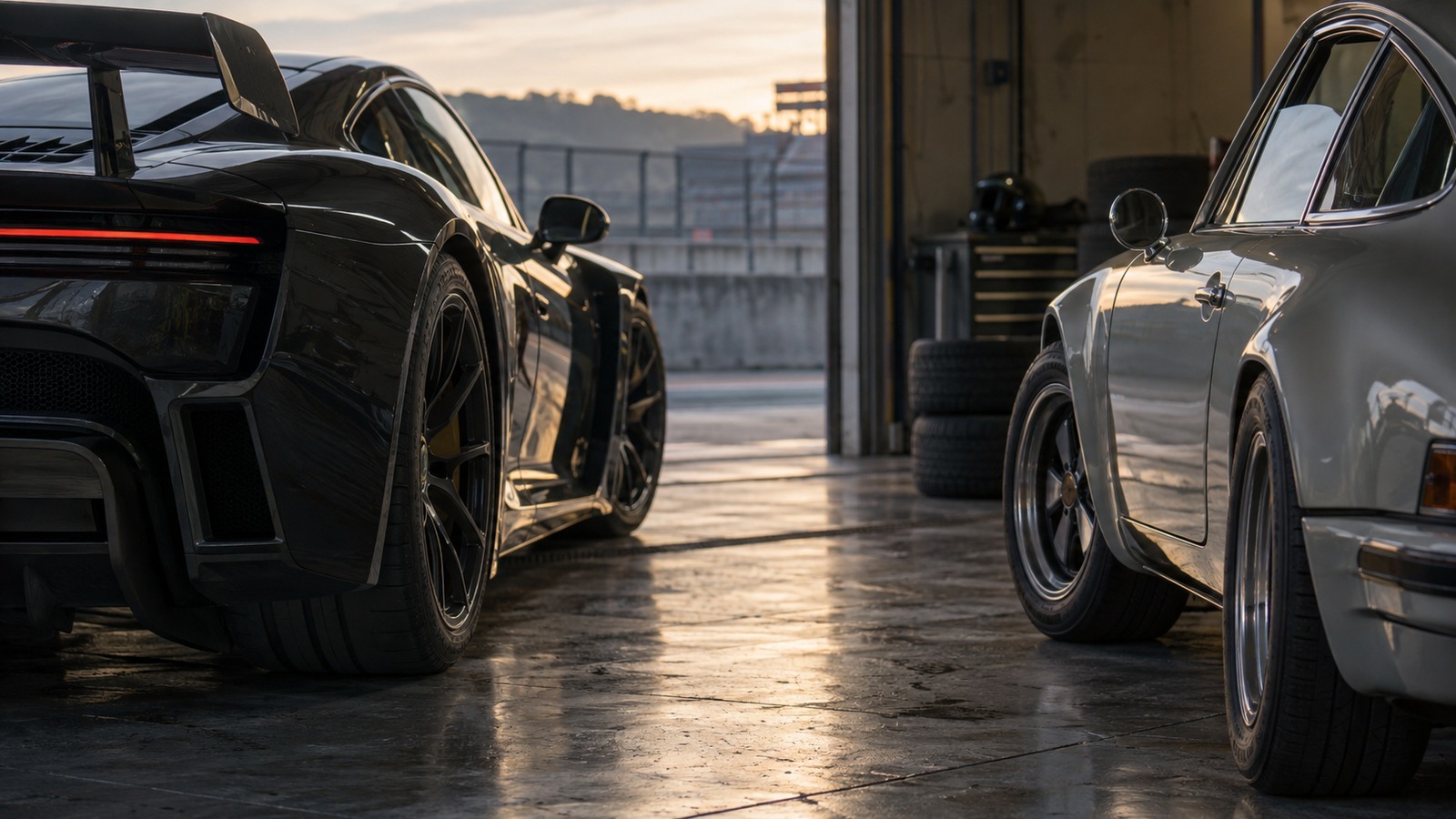 Detailansicht eines modernen Supersportwagens und eines klassischen Sportwagens in einer Werkstatt bei Abendlicht.