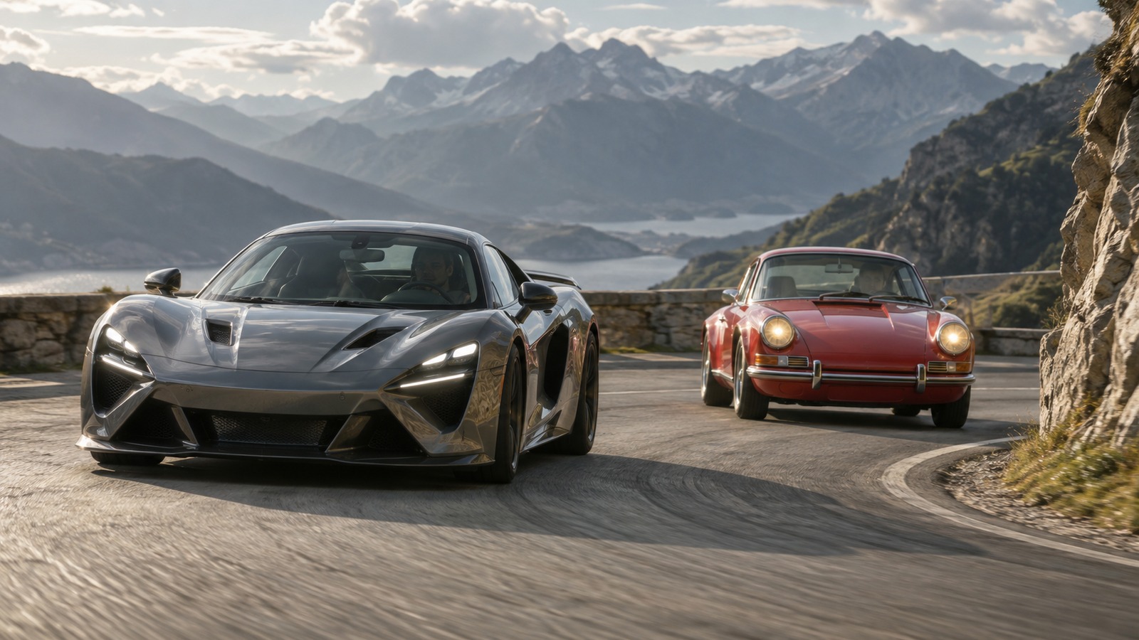 Ein moderner Supersportwagen und ein klassischer Sportwagen fahren gemeinsam durch eine alpine Kurve.