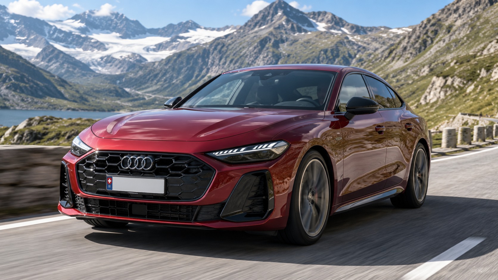 Audi A5 Limousine e-hybrid quattro auf einer alpinen Passstrasse.