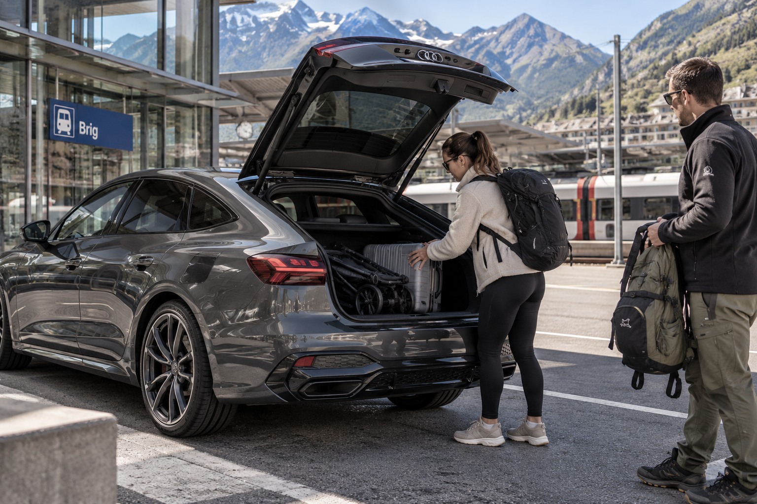 Audi A5 Limousine mit grosser geöffneter Heckklappe und Reisegepäck am Bahnhof.