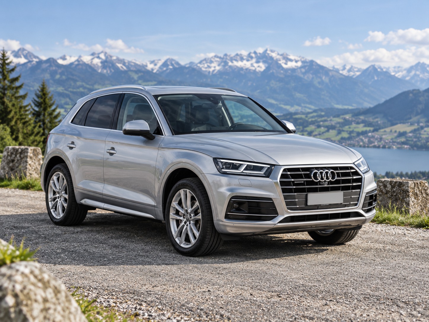 Ein silberner Audi Q5 steht vor Schweizer Alpenpanorama.