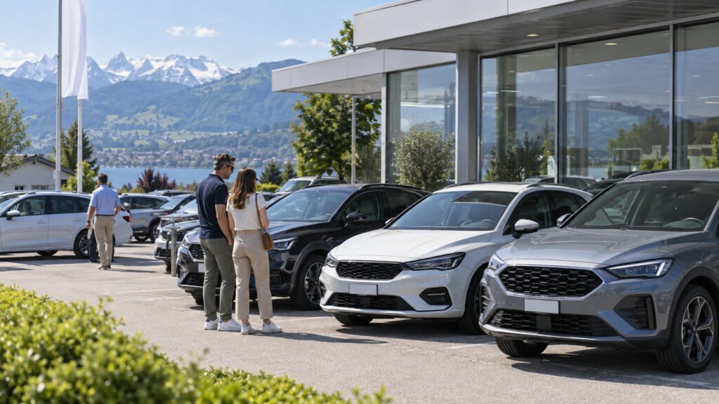 Fahrzeuge vor einem modernen Autohaus in sommerlicher Umgebung mit Alpen im Hintergrund.