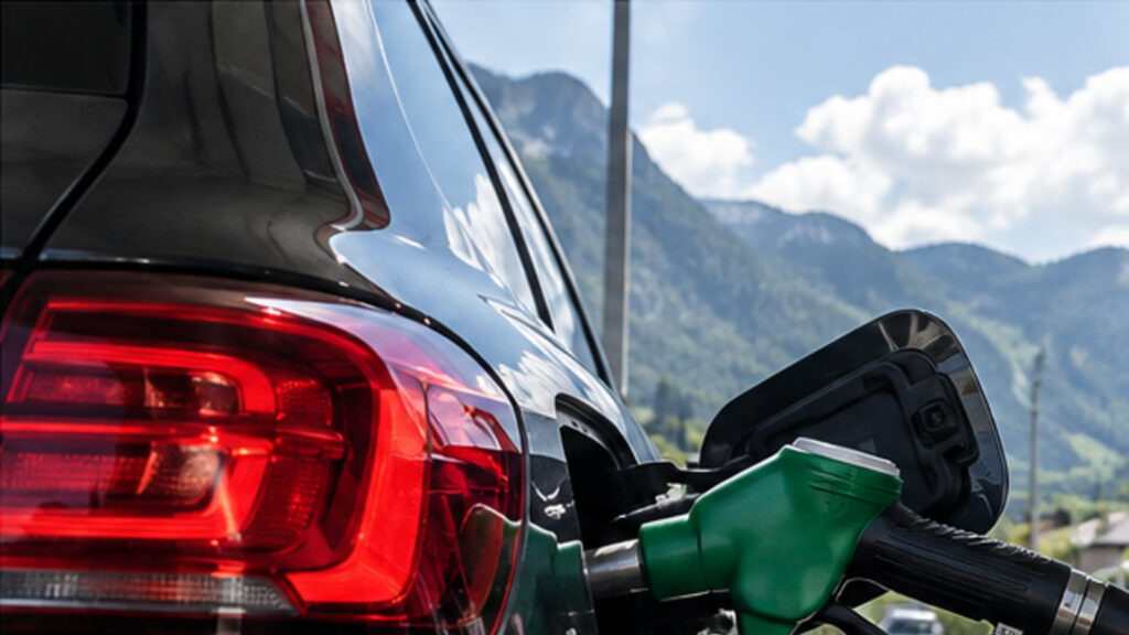 Auto wird an einer Tankstelle mit Benzin betankt