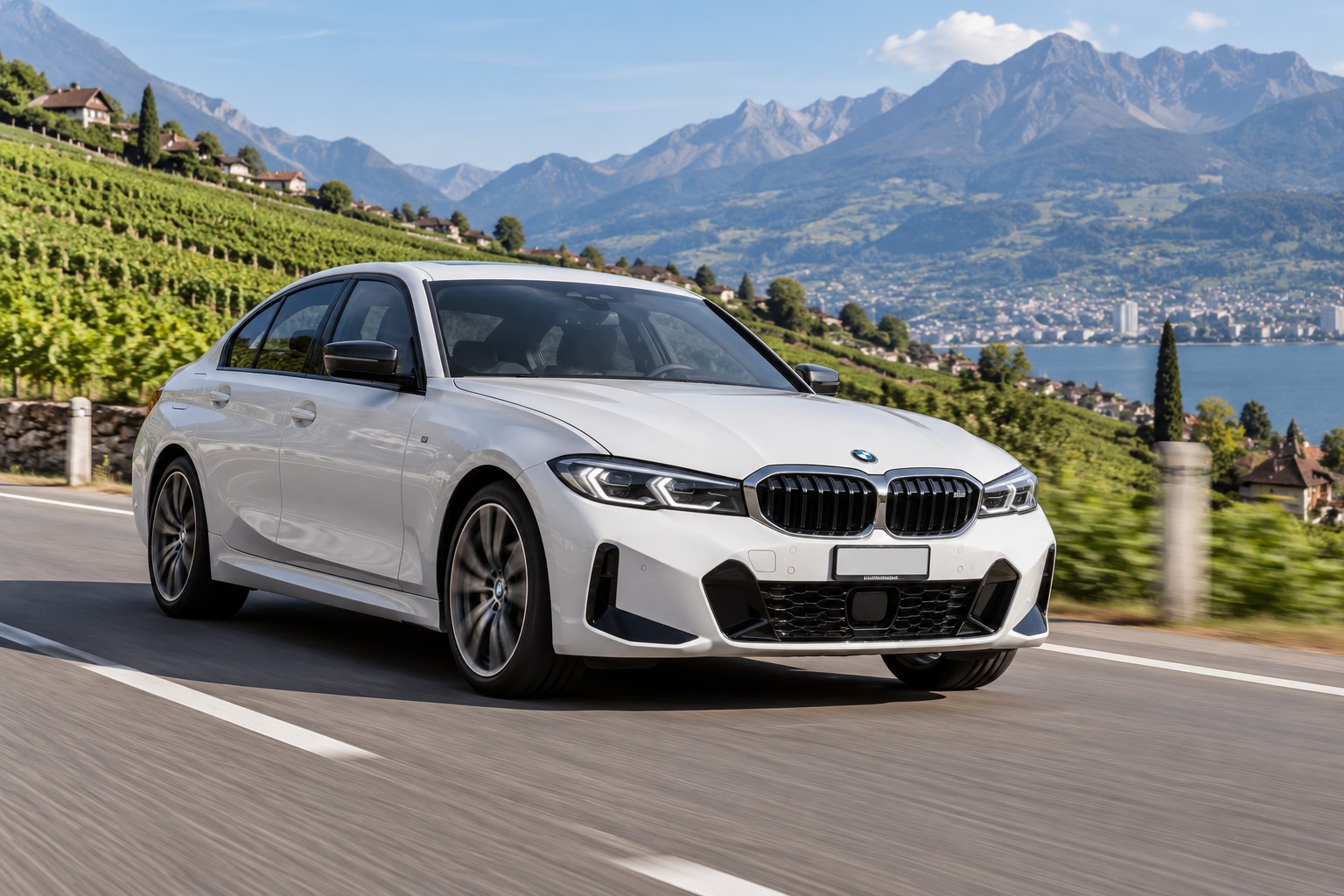 BMW 330e xDrive auf einer Strasse durch Schweizer Weinberge mit Alpenpanorama.