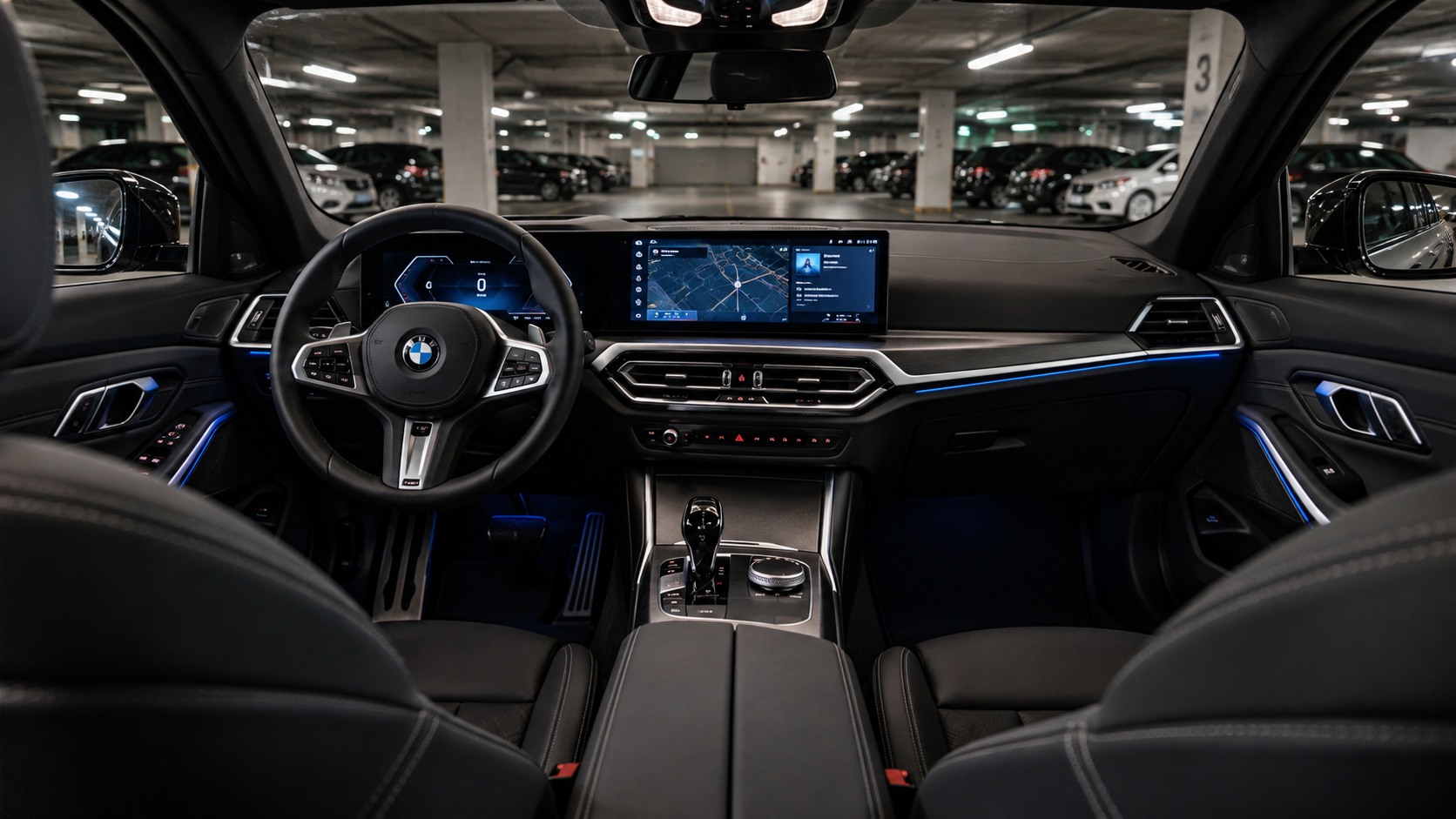 BMW 3er Cockpit mit Curved Display in einer Tiefgarage.