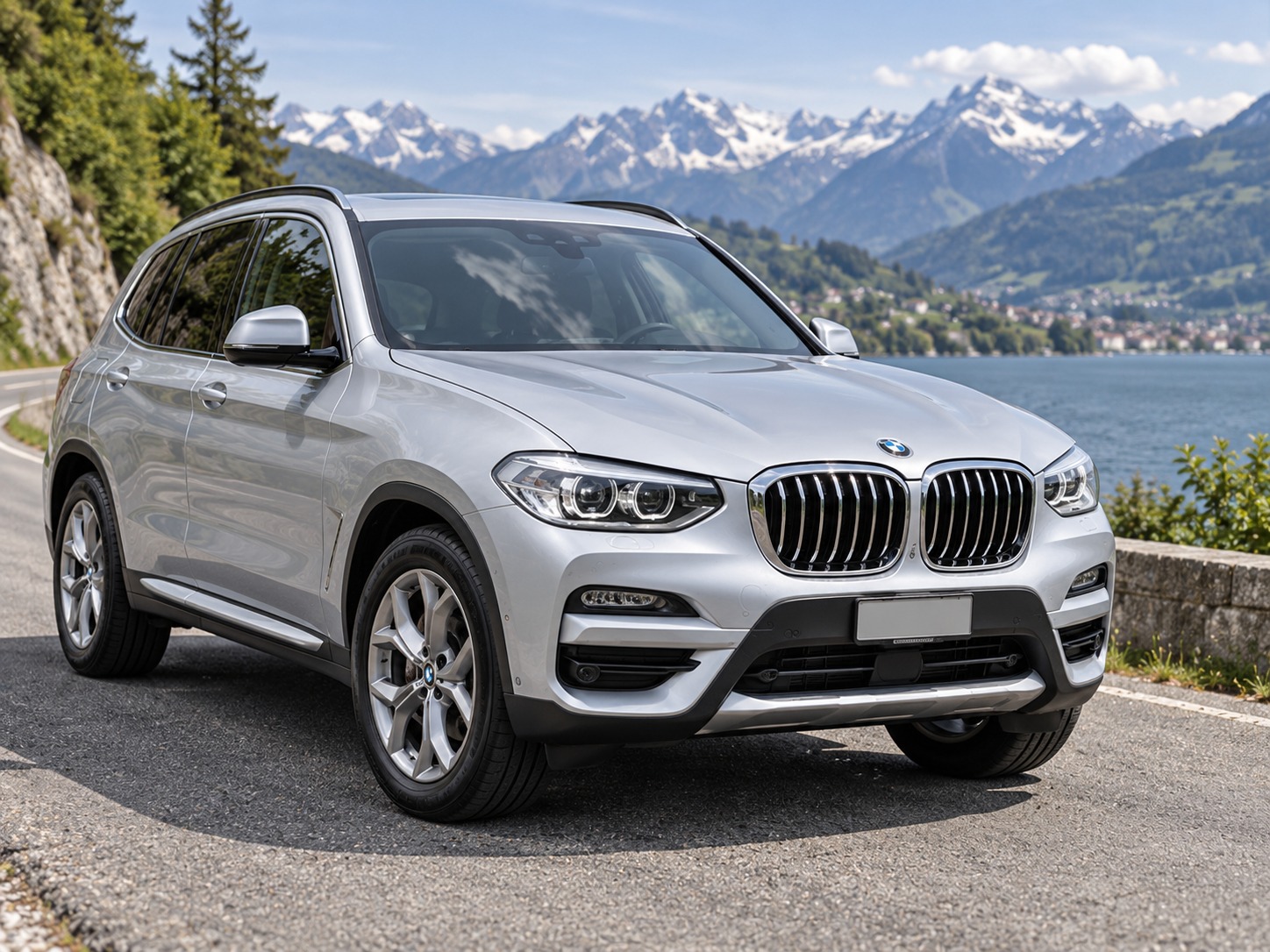 Ein silberner BMW X3 steht an einem Alpensee.