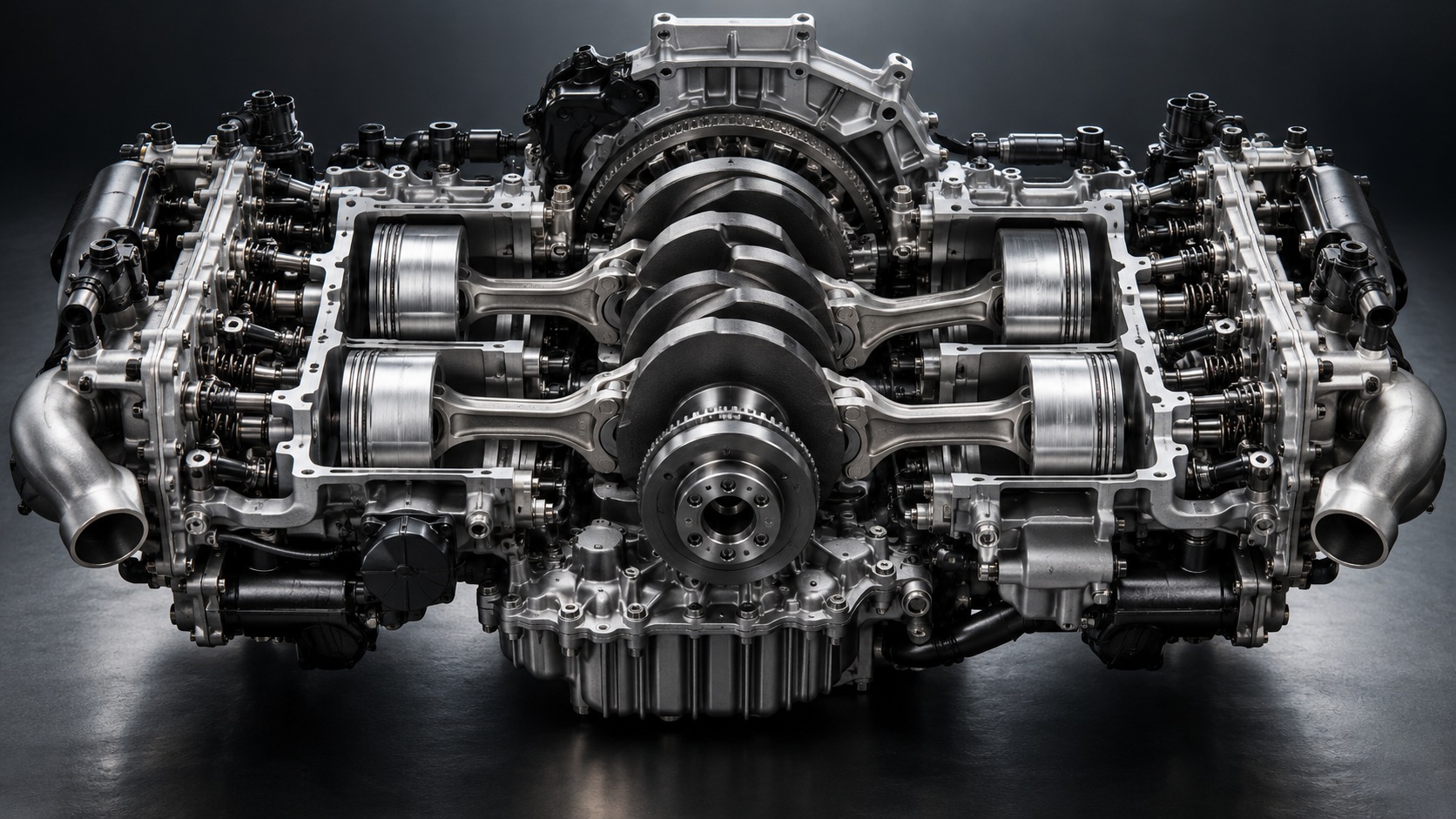 Schnittdarstellung eines modernen Boxermotors mit gegenüberliegenden Zylindern