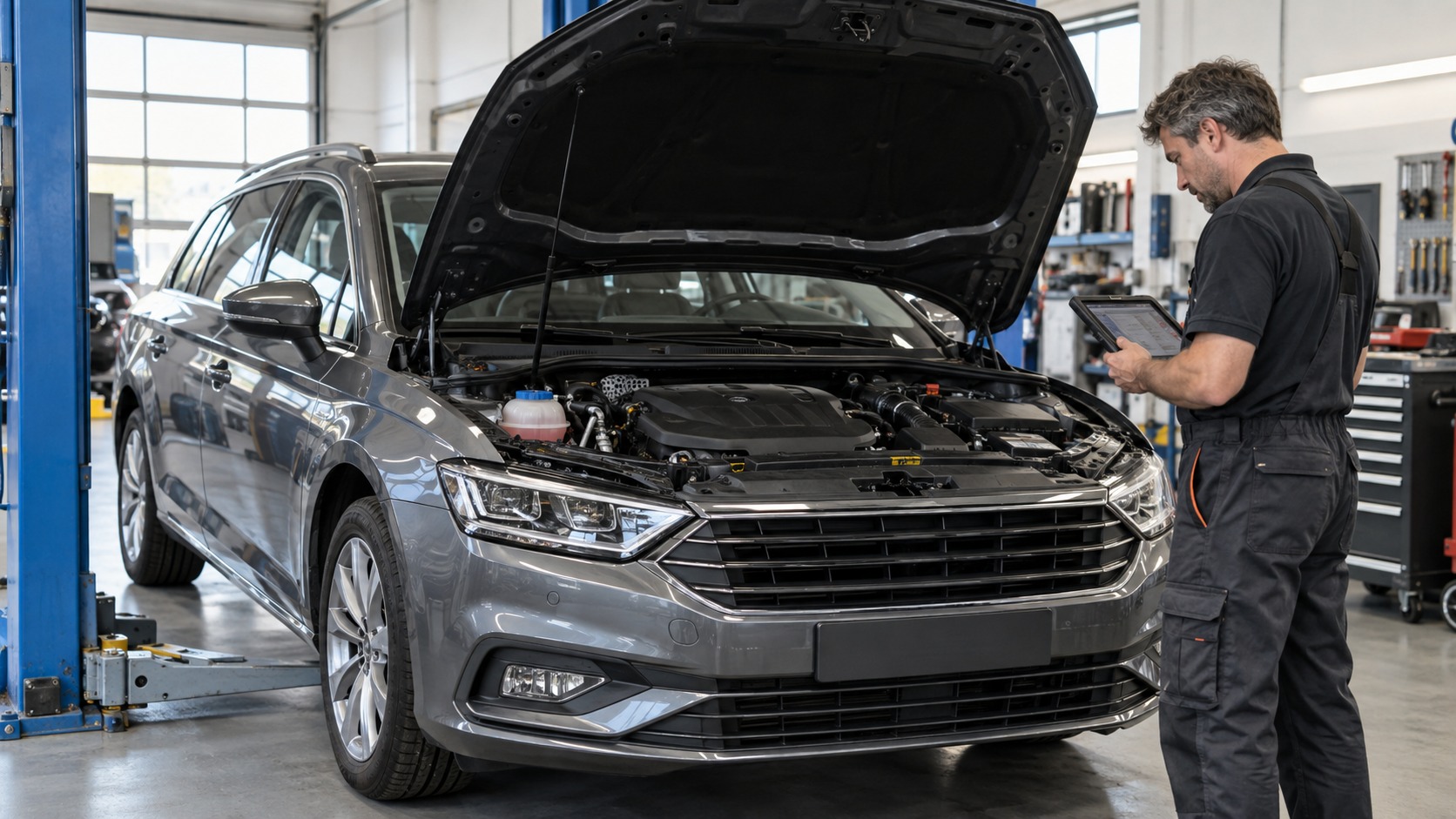 Mechaniker prüft einen gebrauchten Diesel-Kombi in einer Werkstatt mit geöffnetem Motorraum.