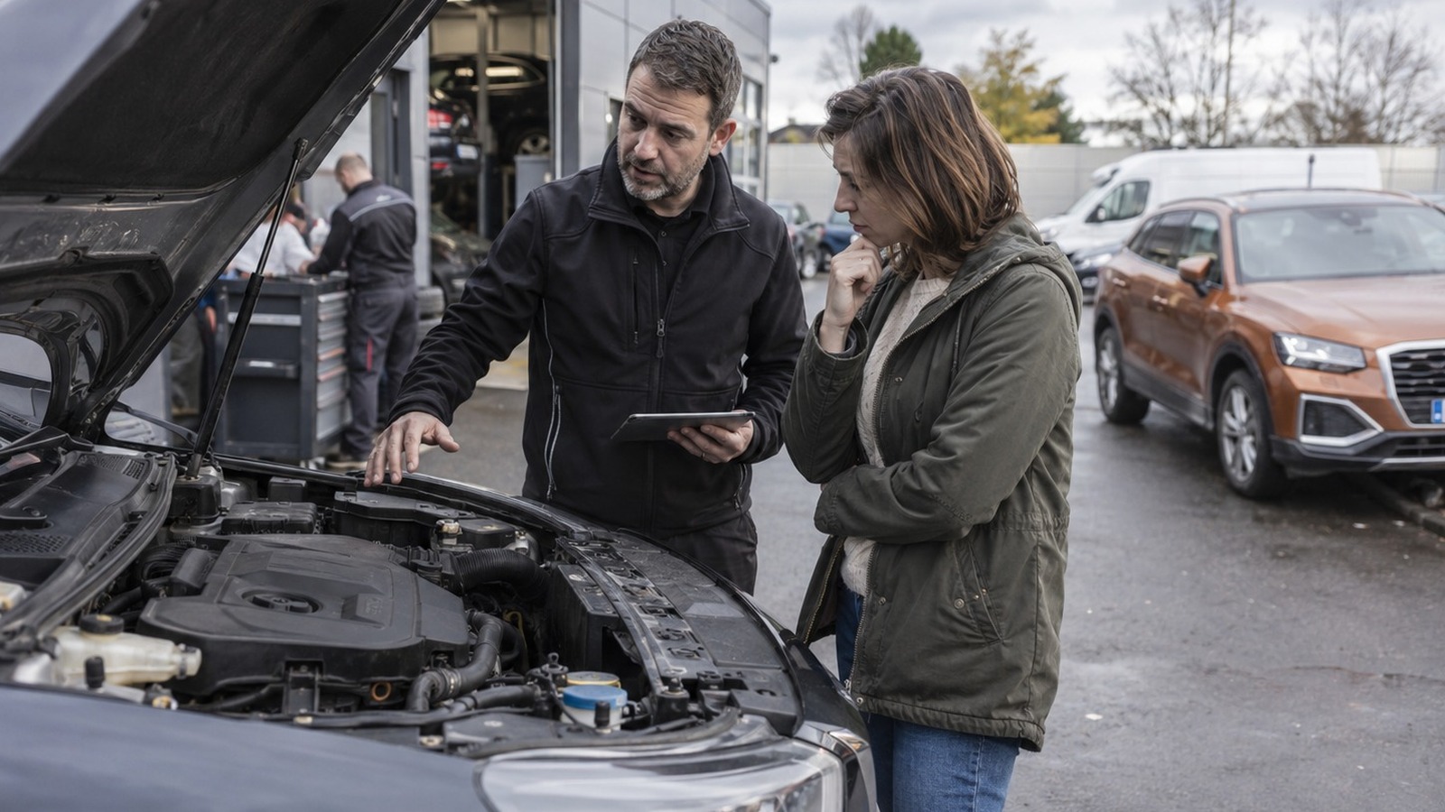 Eine Kundin bespricht mit einem Mechaniker an einem geöffneten Motorraum die Prüfung einer Diesel-Occasion.