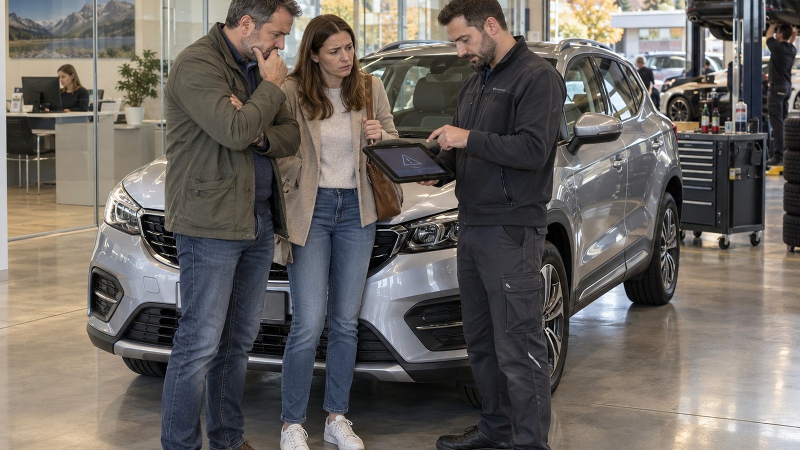 Ein Garagist erklärt einem Paar in einer modernen Werkstatt die Diagnose eines gebrauchten Diesel-SUV.