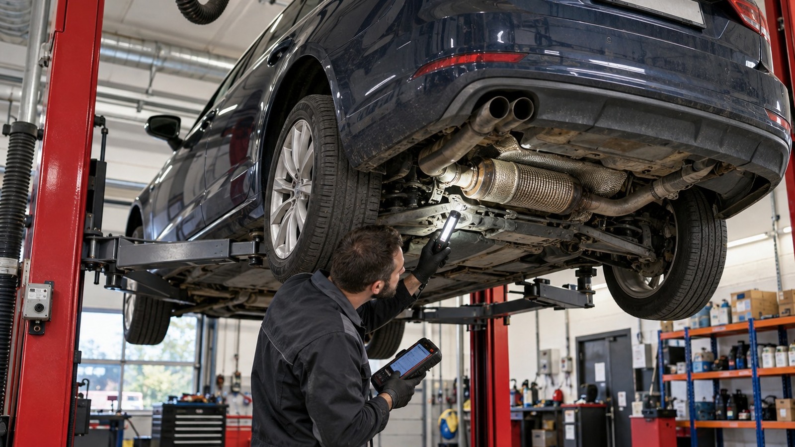 Ein Mechaniker kontrolliert an einem angehobenen Diesel-Kombi den Abgasstrang und den Partikelfilter.