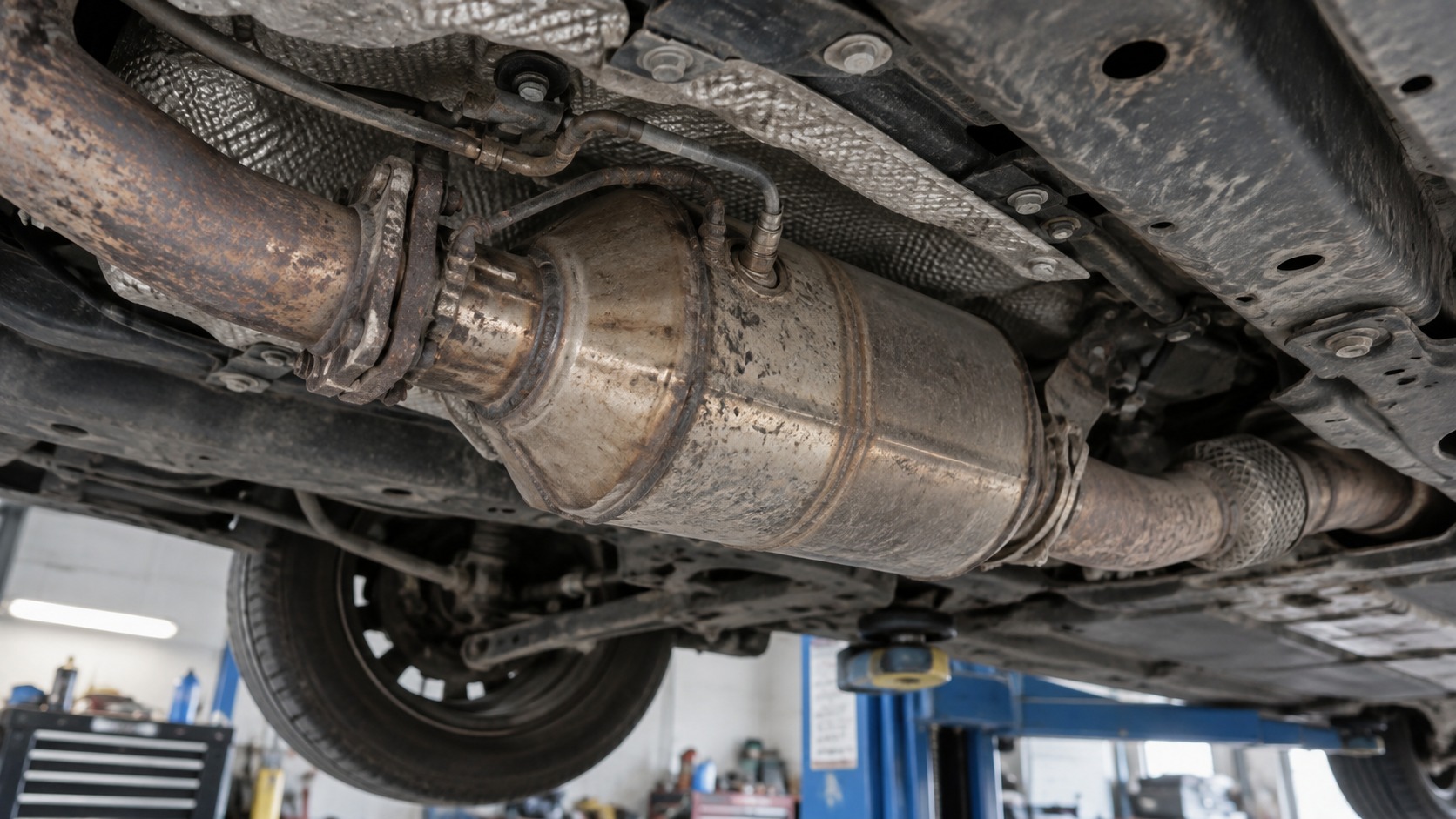 Dieselpartikelfilter und Abgasanlage an der Unterseite eines Fahrzeugs.
