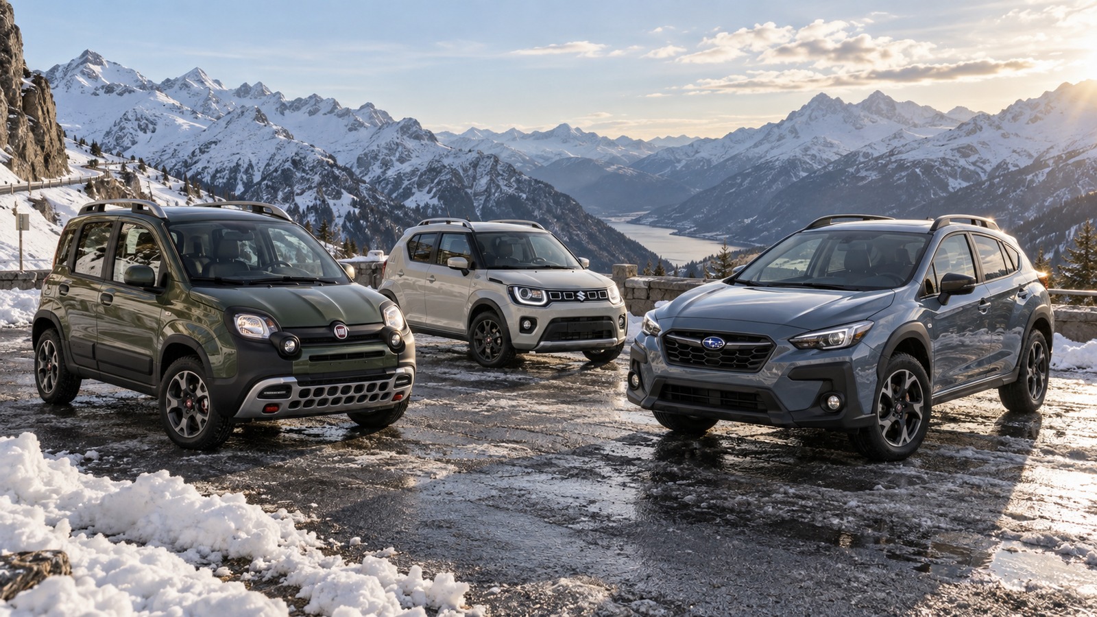 Fiat Panda Cross, Suzuki Ignis und Subaru Crosstrek stehen auf einem winterlichen Aussichtspunkt über einem See und Alpenpanorama.