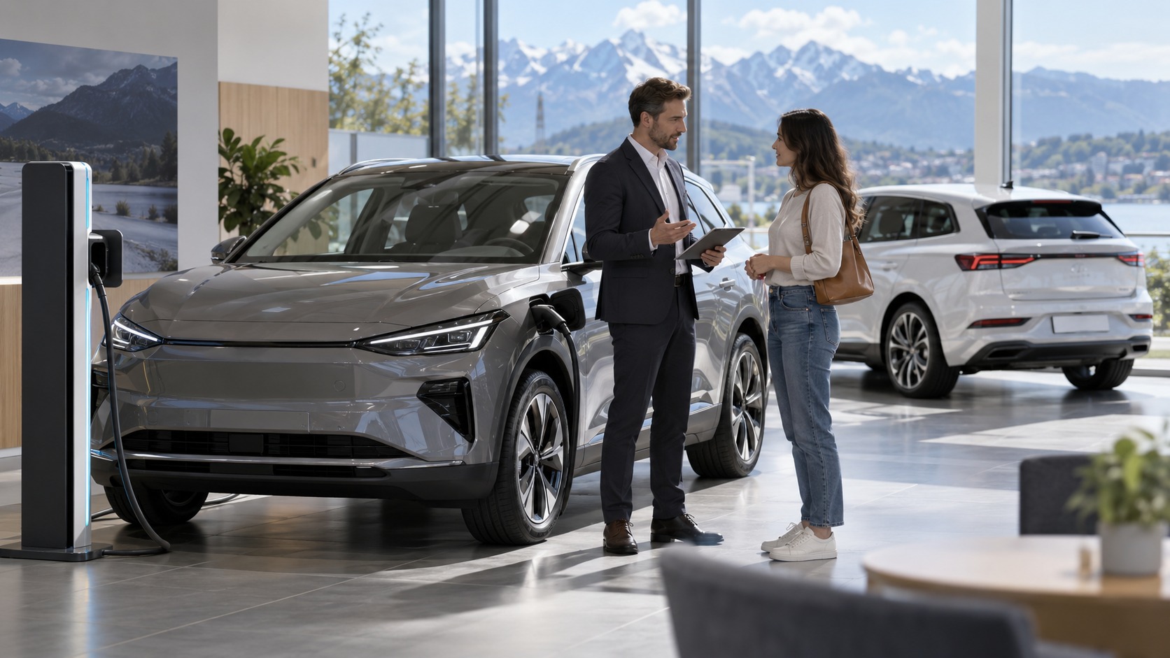 Moderner Ausstellungsraum mit Elektroauto und Verkaufsgespräch in einem Autohaus.