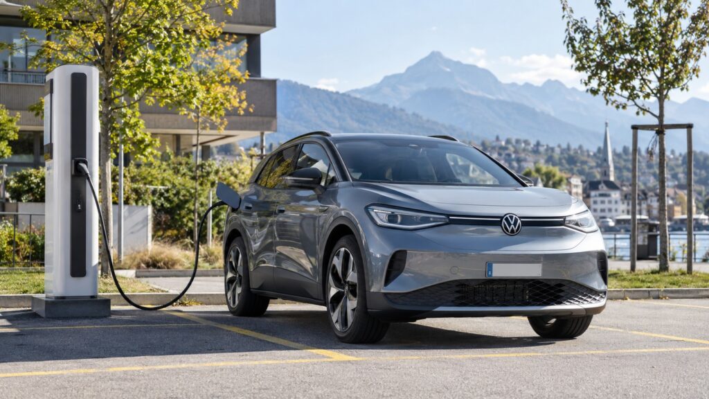 Ein Elektro-SUV lädt an einer öffentlichen Ladestation vor Schweizer Bergkulisse.