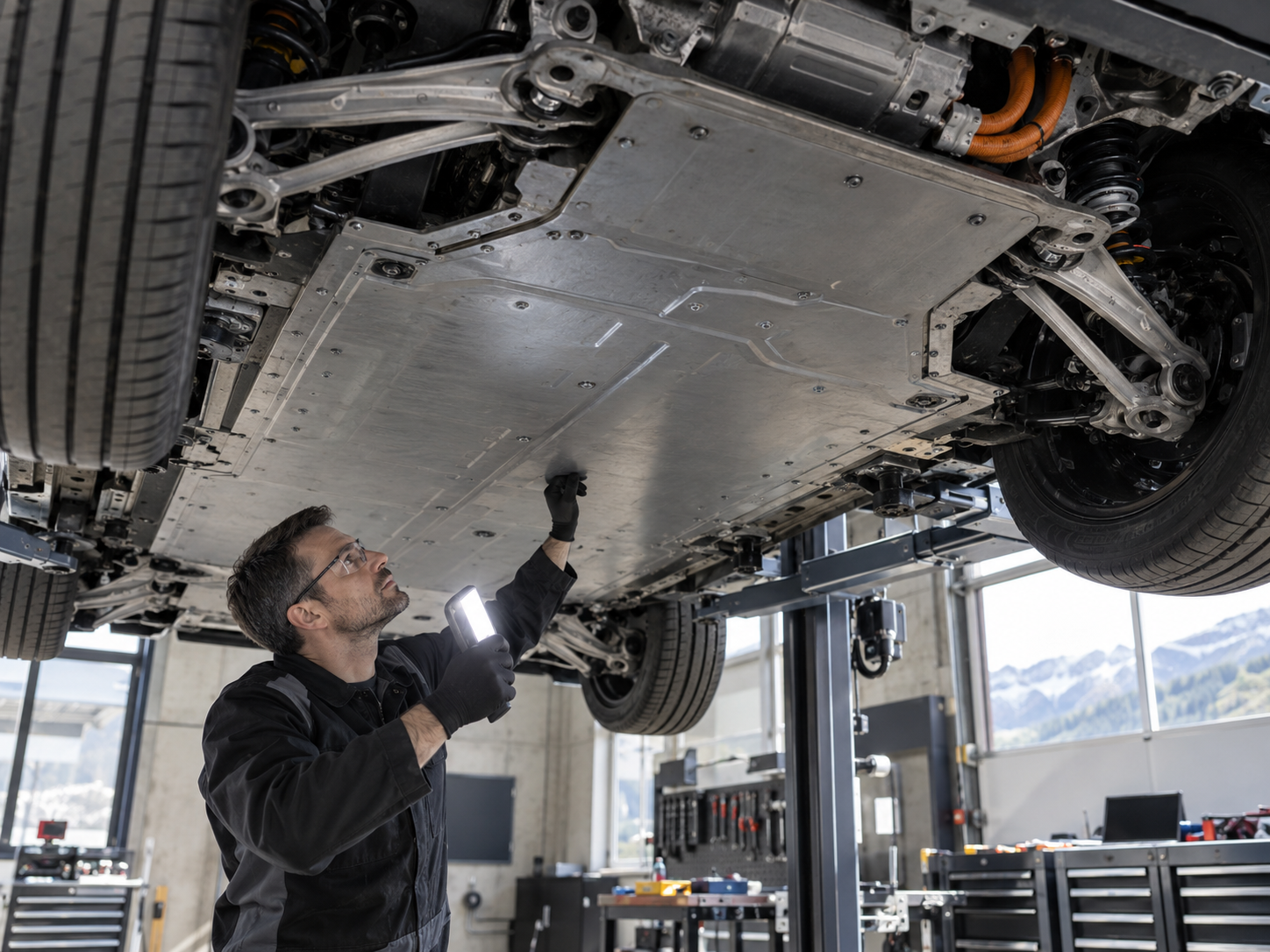Mechaniker prüft den geschützten Unterboden eines Elektroautos auf einer Hebebühne