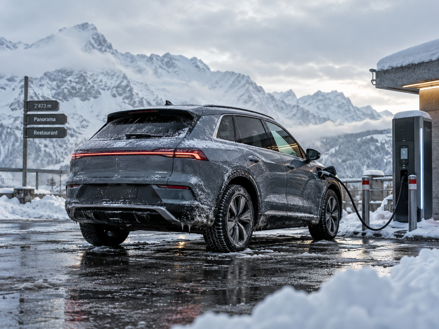 Elektroauto an einer Ladestation bei Schnee und Kälte in den Bergen