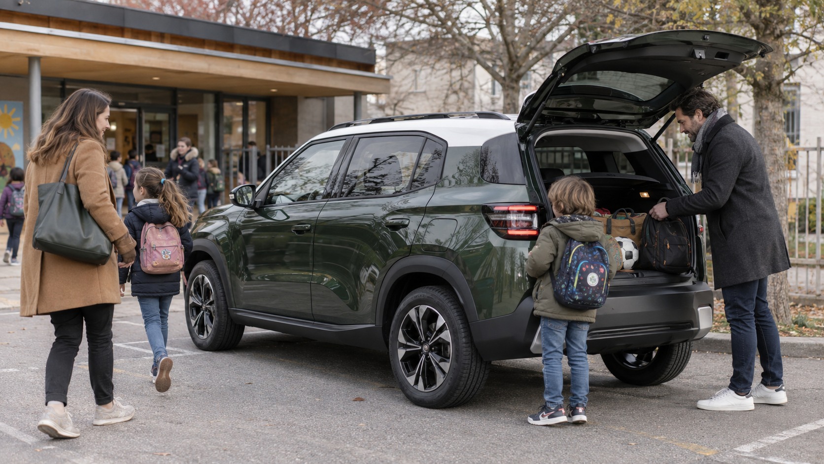 Familienalltag mit kompaktem SUV vor Schule oder Quartier.