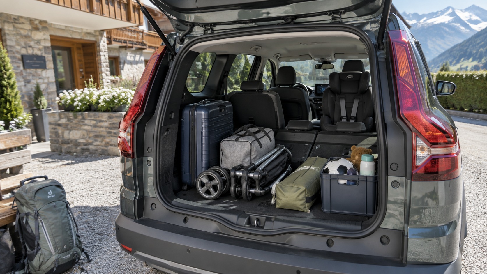 Praktisches Familienauto mit offenem Gepäckraum und Reisegepäck vor Bergkulisse.