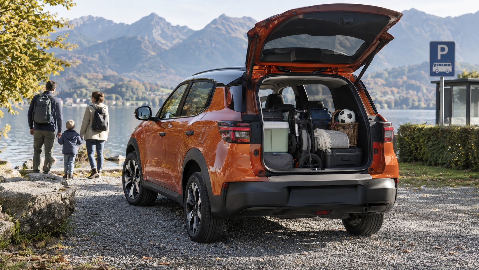 Offener Kofferraum eines Familien-SUV an einem See mit viel Gepäck.