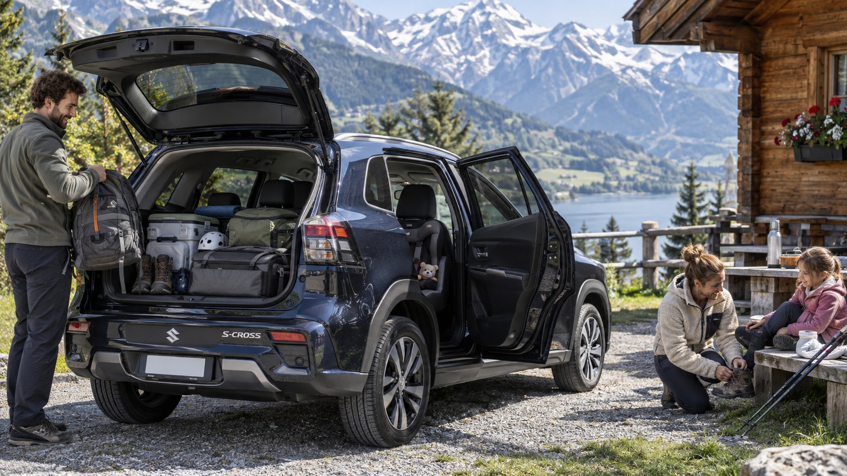 Familie belädt SUV bei Alpenhütte.