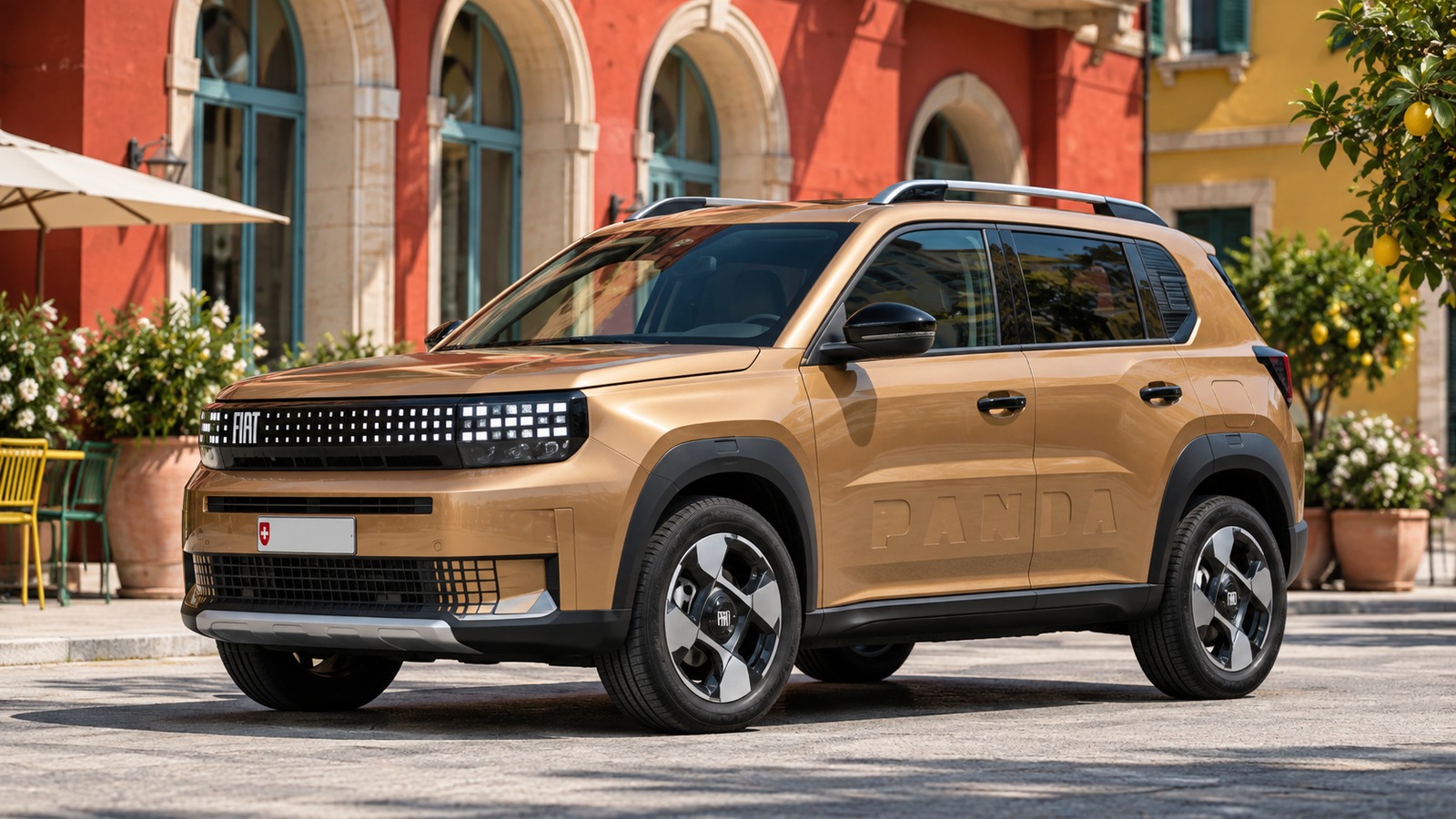 Ein FIAT Grande Panda steht vor einer mediterranen Stadtkulisse mit warmem Licht.