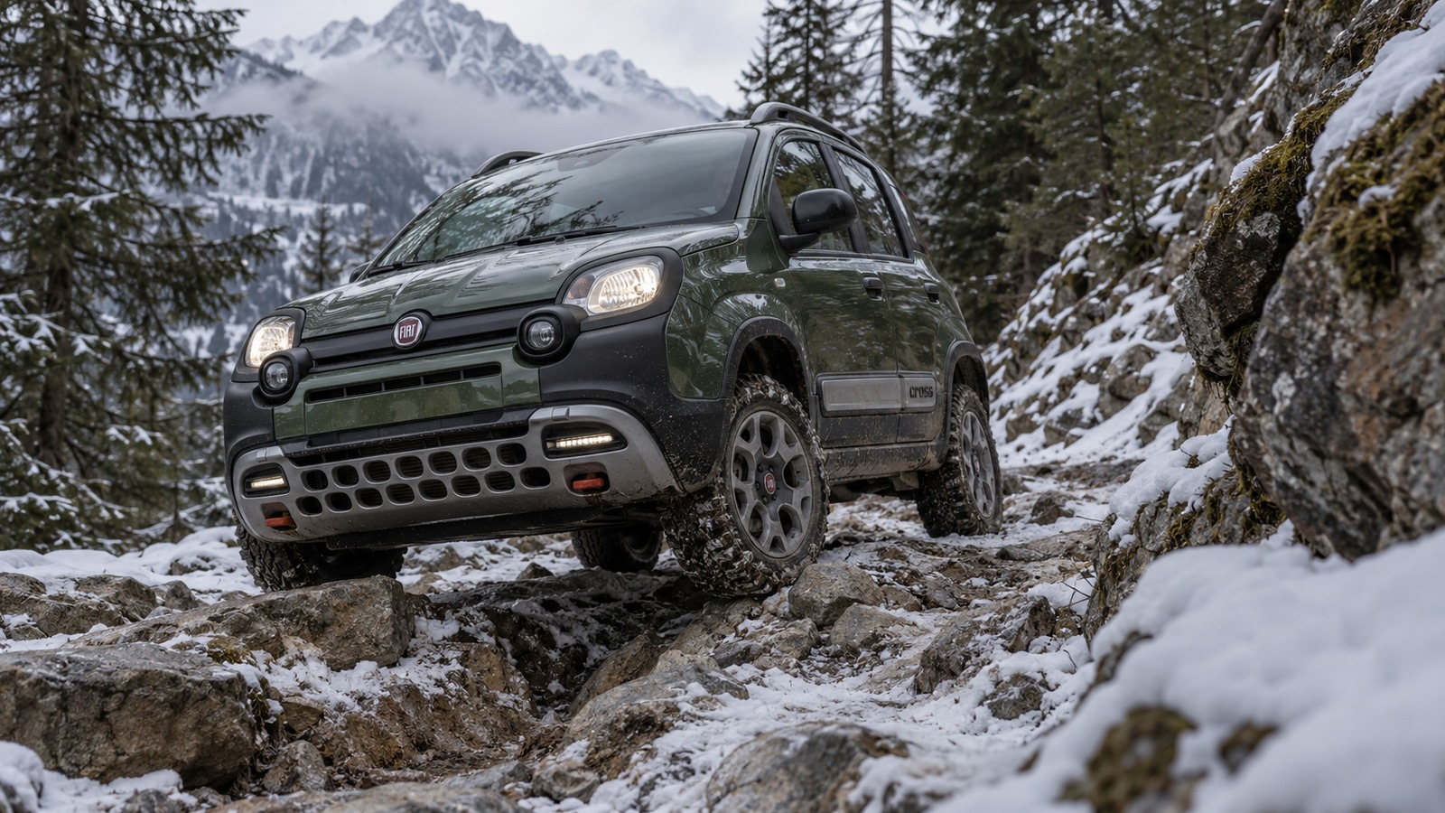 Ein Fiat Panda Cross meistert einen felsigen, teils verschneiten Waldweg im Gebirge.