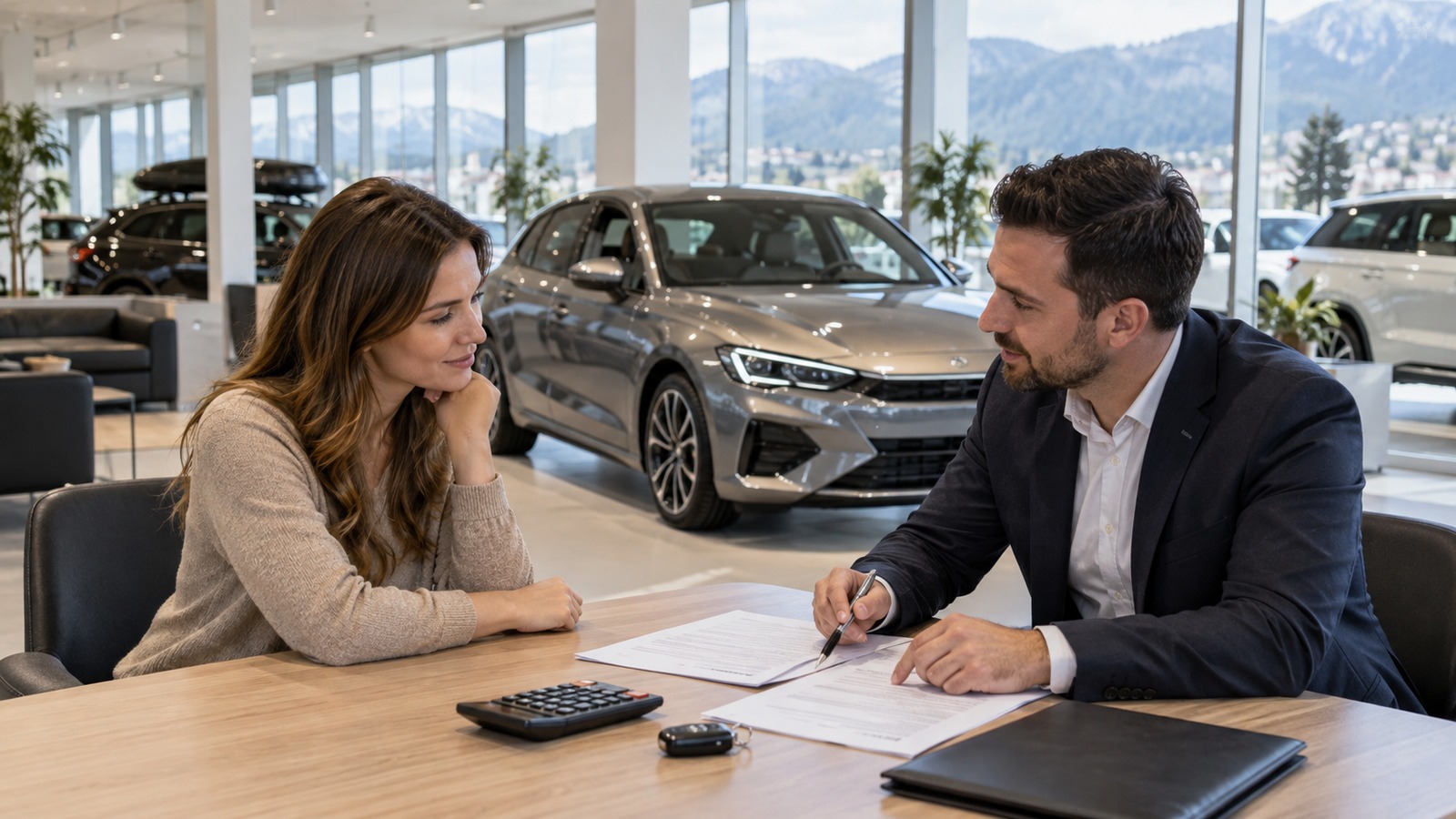 Kundin bespricht in einem modernen Autohaus einen Finanzierungsvertrag mit einem Berater; auf dem Tisch liegen Unterlagen, Taschenrechner und Autoschlüssel.