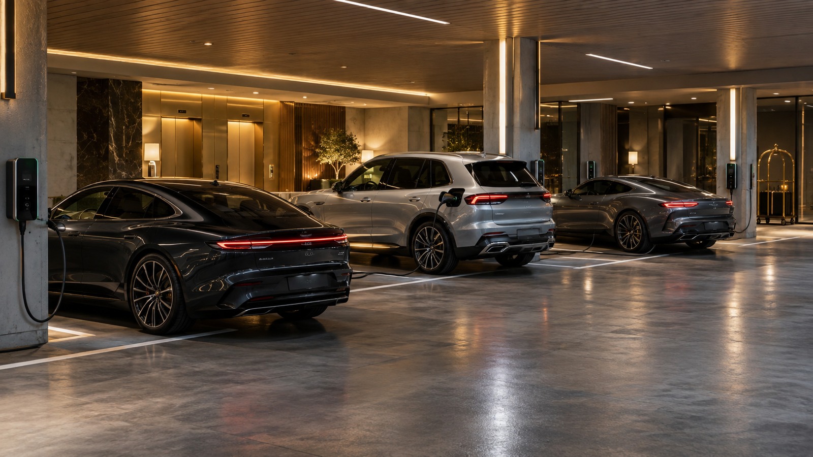 Luxuriöse Elektro- und Plug-in-Hybridfahrzeuge laden in einer hochwertigen Hotelgarage.