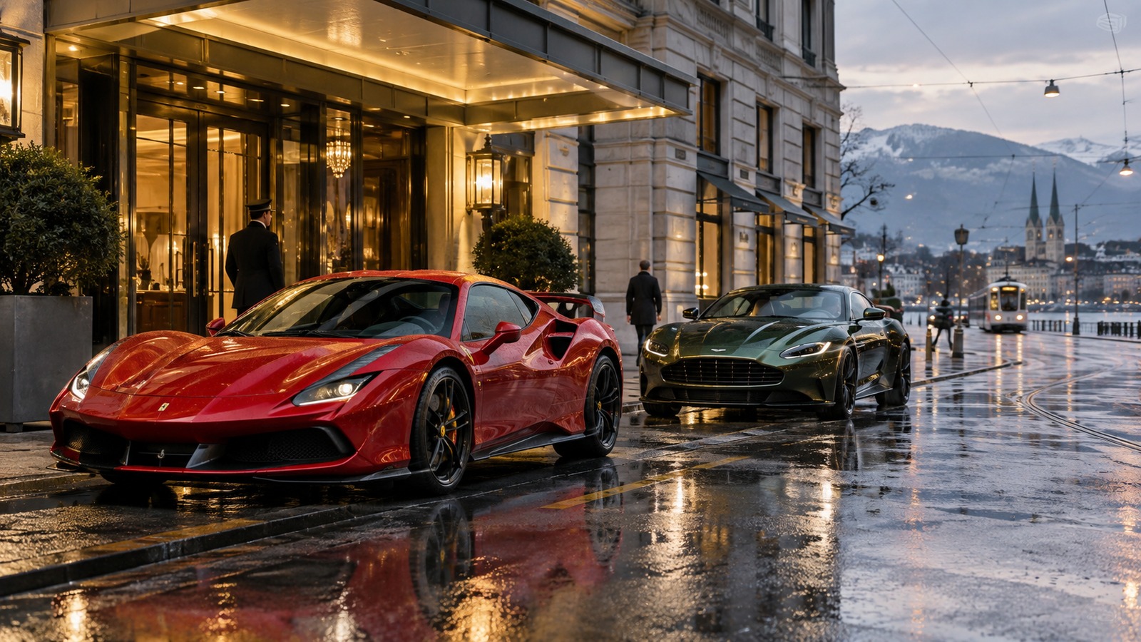 Zwei hochwertige Sportwagen stehen vor einem Stadthotel auf regennasser Strasse.