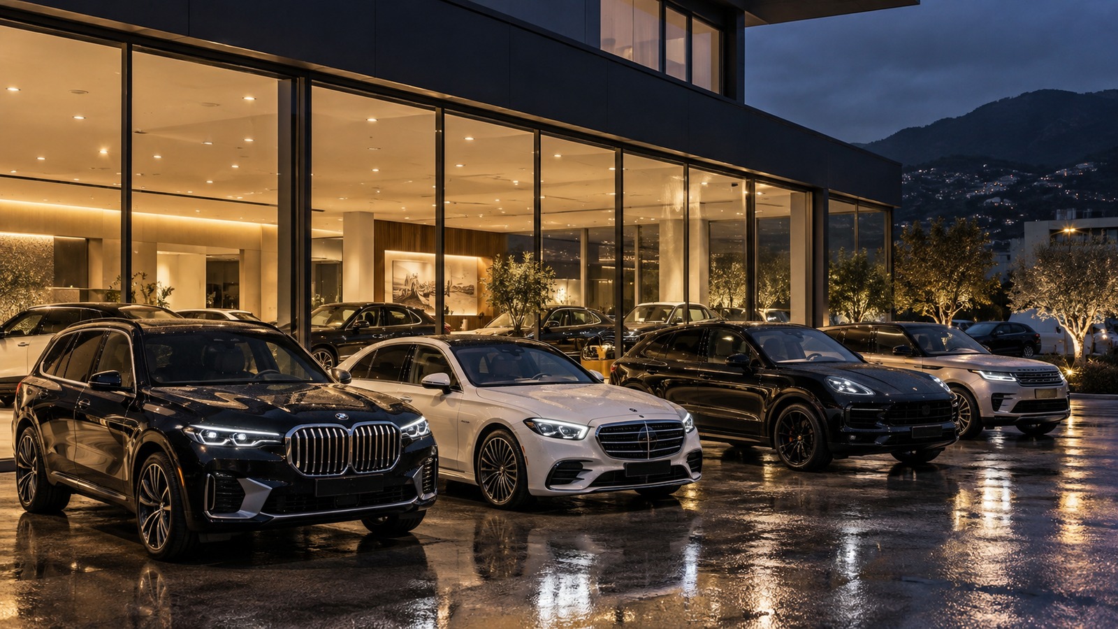 Mehrere hochwertige Fahrzeuge vor einem modernen Autohaus bei Nacht.