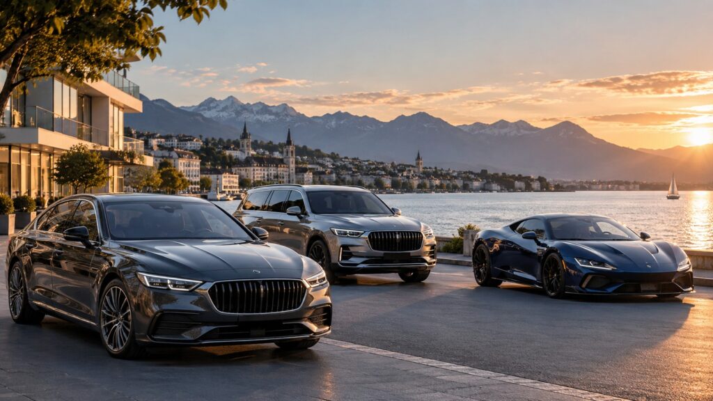 Mehrere hochwertige Limousinen, SUV und Sportwagen an einer Schweizer Seepromenade bei Abendlicht.