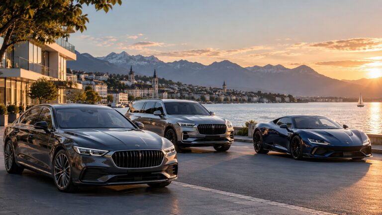 Mehrere hochwertige Limousinen, SUV und Sportwagen an einer Schweizer Seepromenade bei Abendlicht.