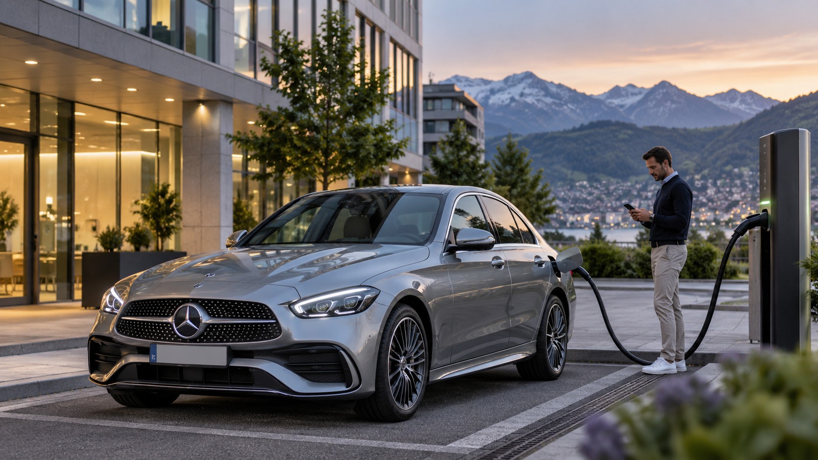 Mercedes C-Klasse Plug-in-Hybrid beim Laden vor moderner Schweizer Architektur.