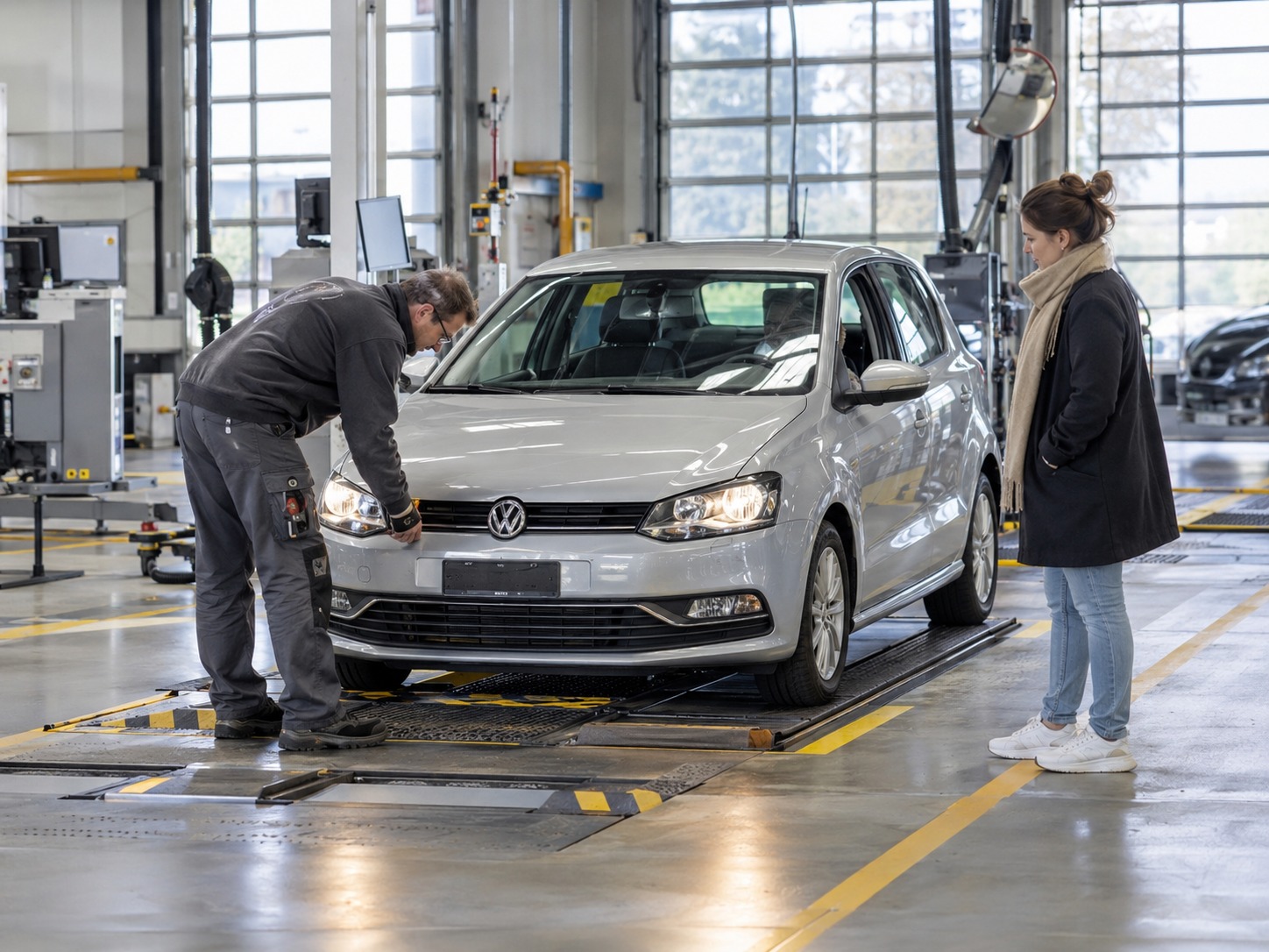 Ein Prüfer kontrolliert in einer hellen Werkstatthalle einen silbernen Kleinwagen, während eine Kundin danebensteht.