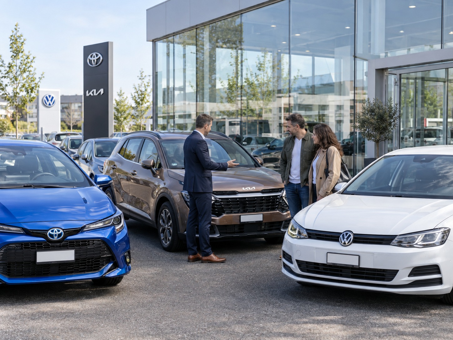 Ein Verkäufer berät auf dem Vorplatz eines modernen Autohauses ein Paar zwischen einem blauen Toyota, einem bronzefarbenen Kia und einem weissen Volkswagen.
