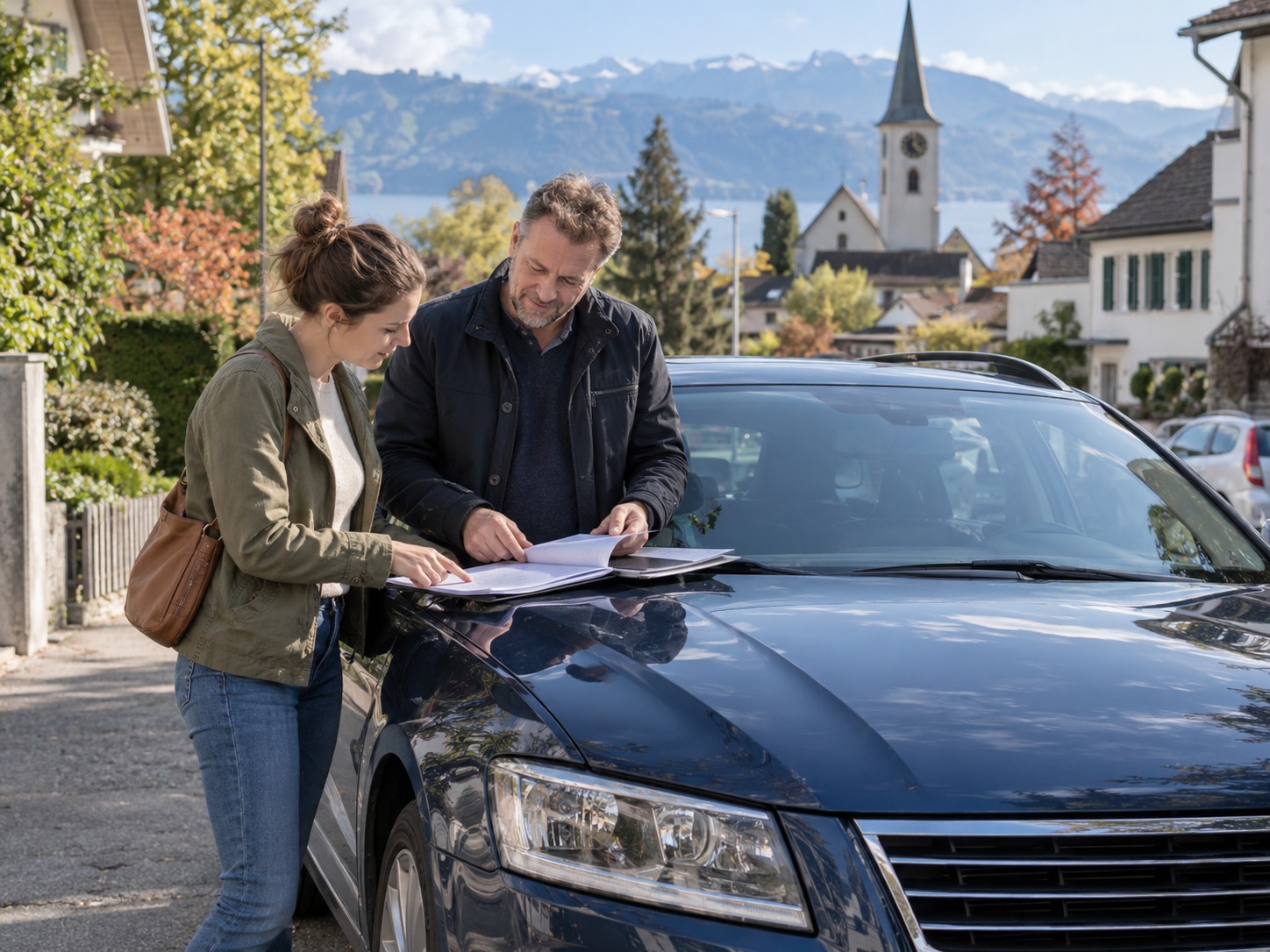 Zwei Personen prüfen im Dorf neben einem dunklen Kombi Unterlagen auf der Motorhaube.