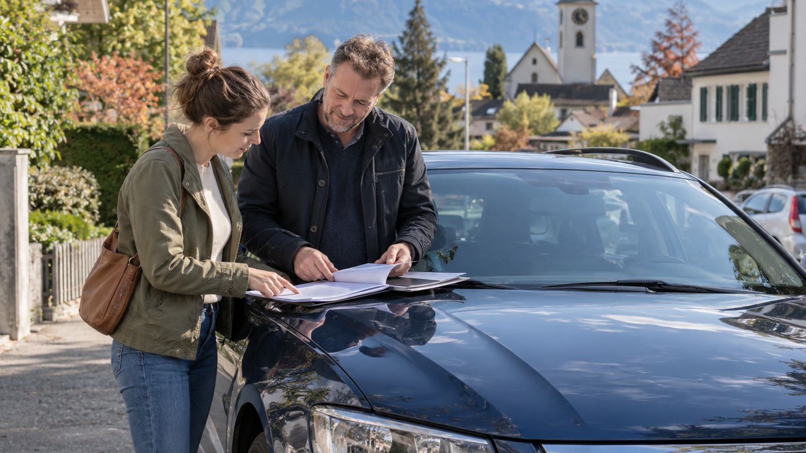 Käufer prüfen Fahrzeugunterlagen neben einem gebrauchten Auto.