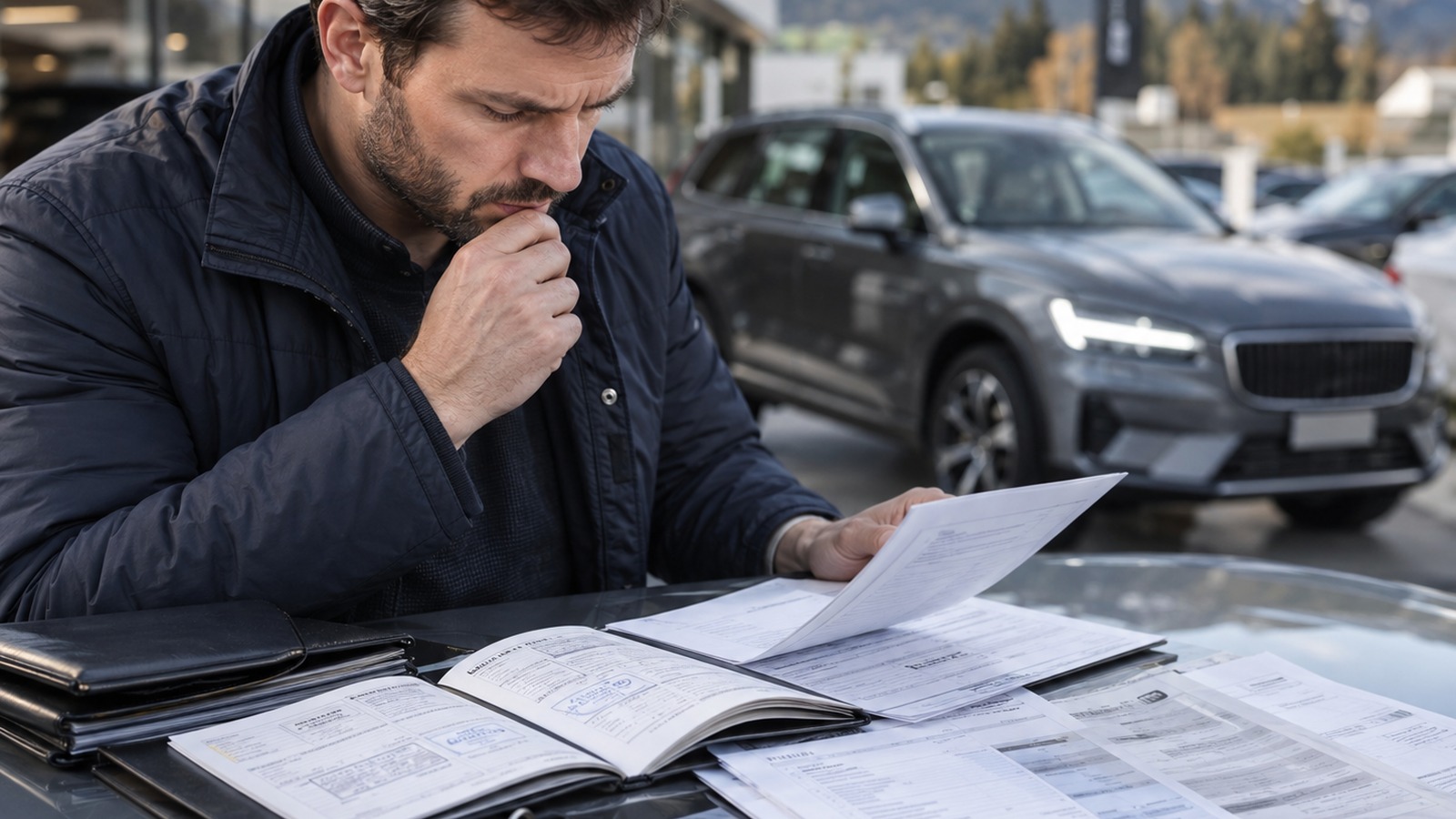 Ein Käufer prüft Serviceheft, Rechnungen und Fahrzeugunterlagen einer Occasion.