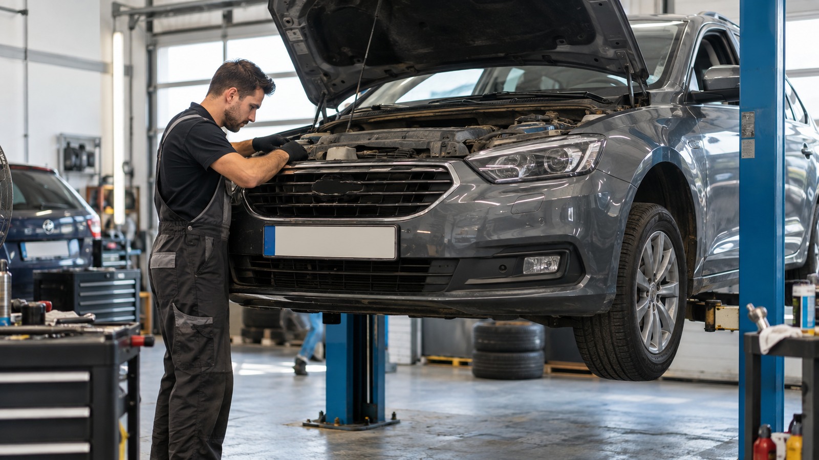 Ein Mechaniker kontrolliert den Motorraum eines gebrauchten Autos.