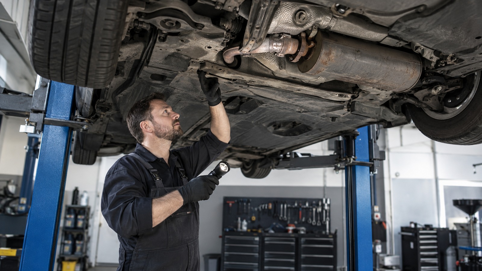 Ein Mechaniker kontrolliert den Unterboden eines Autos auf einer Hebebühne.