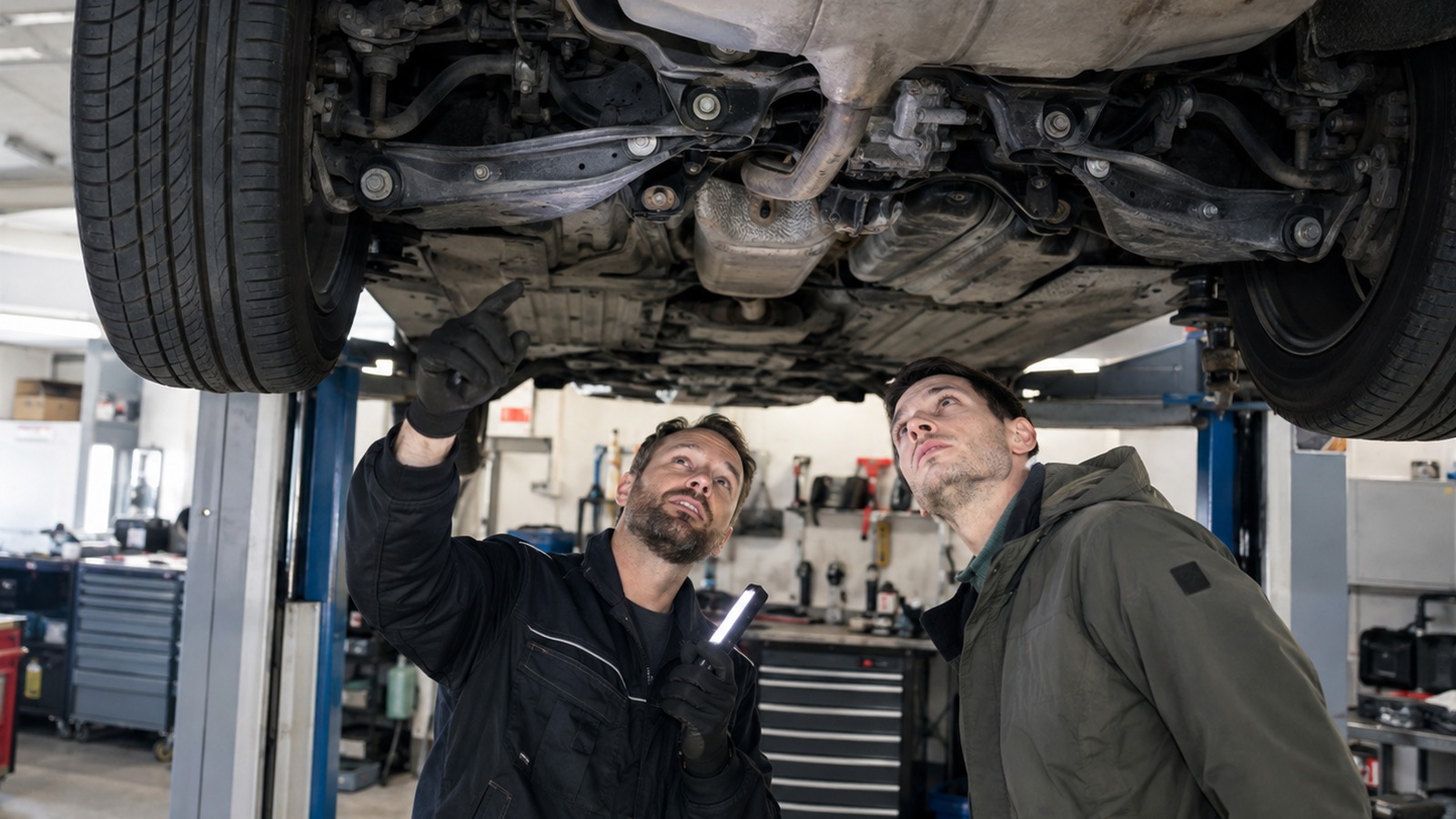 Ein Käufer und ein Mechaniker kontrollieren den Unterboden eines Autos auf der Hebebühne.