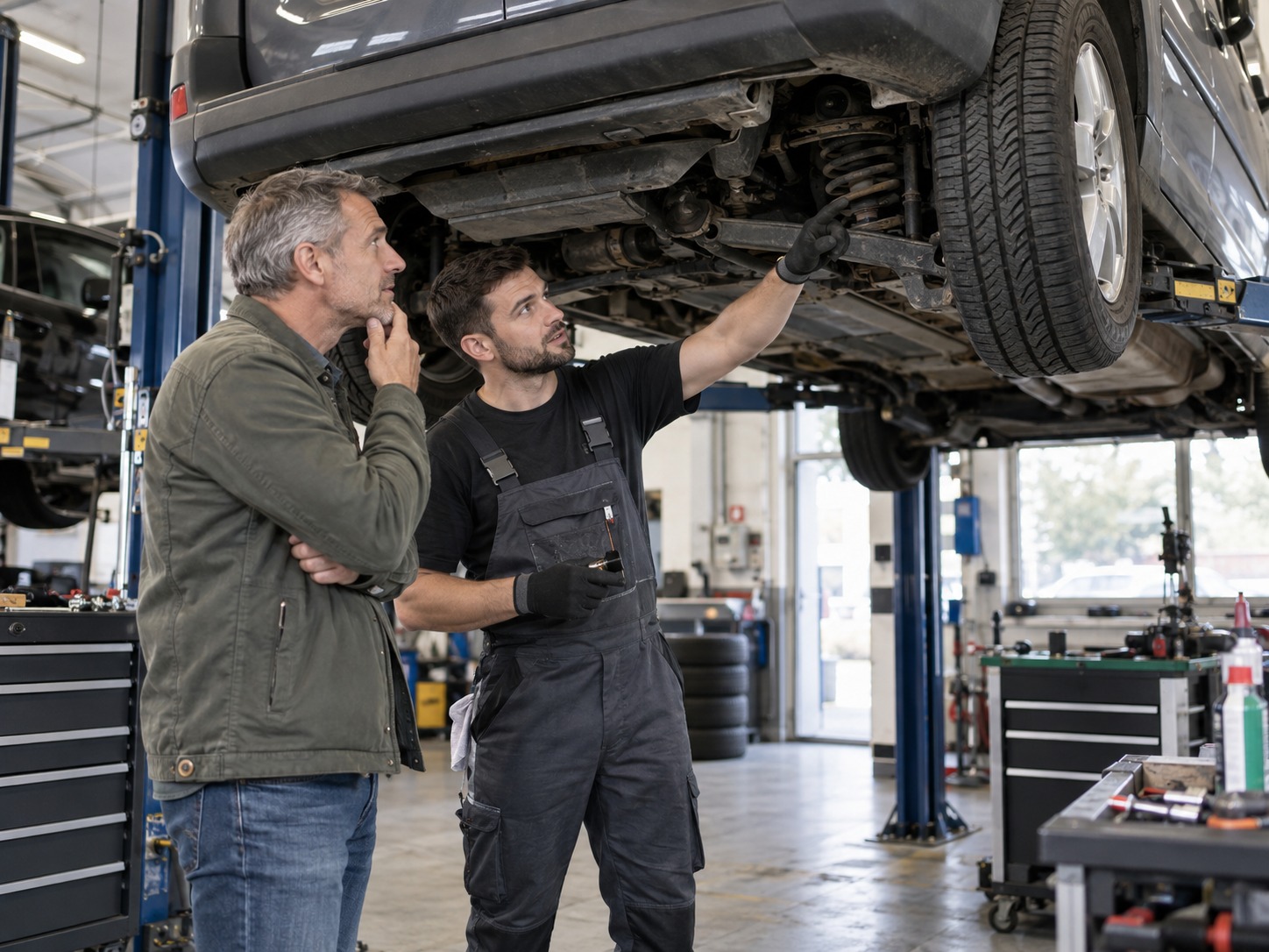 Ein Mechaniker erklärt einem Kunden in der Werkstatt den Unterboden eines angehobenen Fahrzeugs.