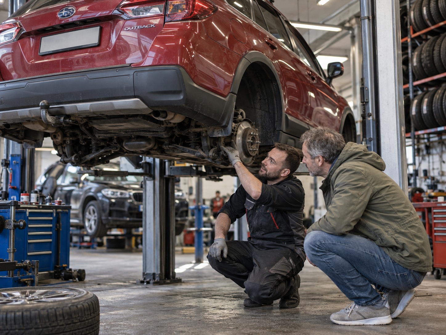 Ein Mechaniker zeigt einem Kunden in einer Werkstatt unter einem angehobenen roten Subaru Outback den Zustand von Bremse und Unterboden.