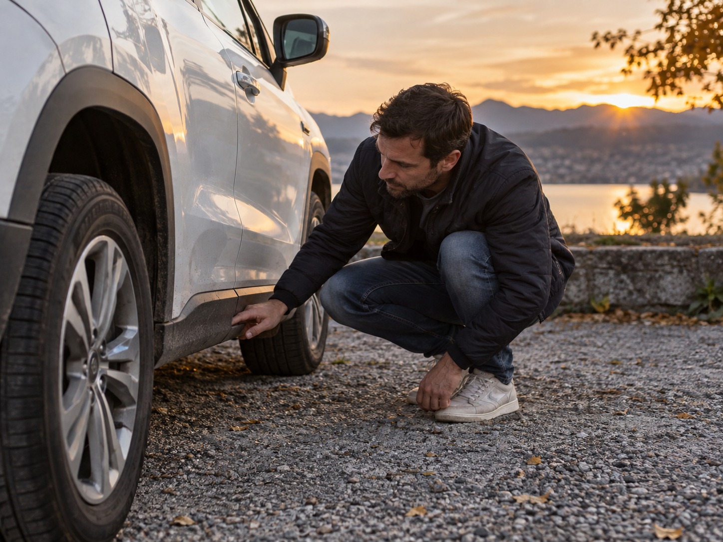 Ein Mann kontrolliert bei Sonnenuntergang an einem hellen SUV die Karosserie im unteren Seitenbereich.