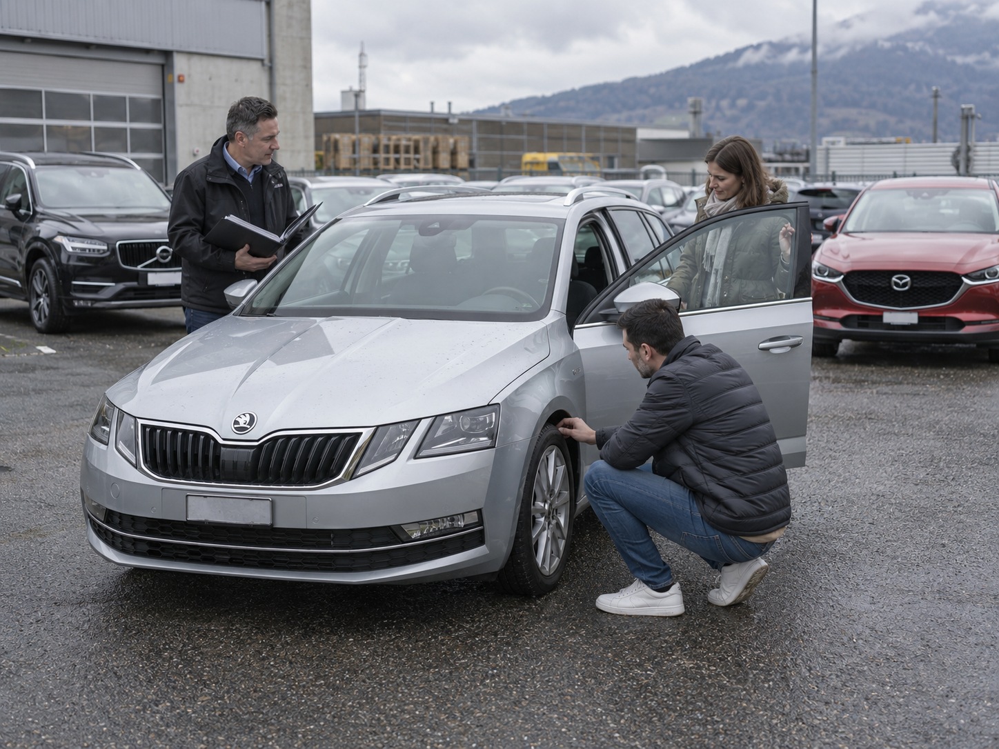 Zwei Kaufinteressenten prüfen auf einem nassen Occasionsplatz zusammen mit einem Verkäufer einen silbernen Skoda, im Hintergrund stehen ein Volvo und ein Mazda.