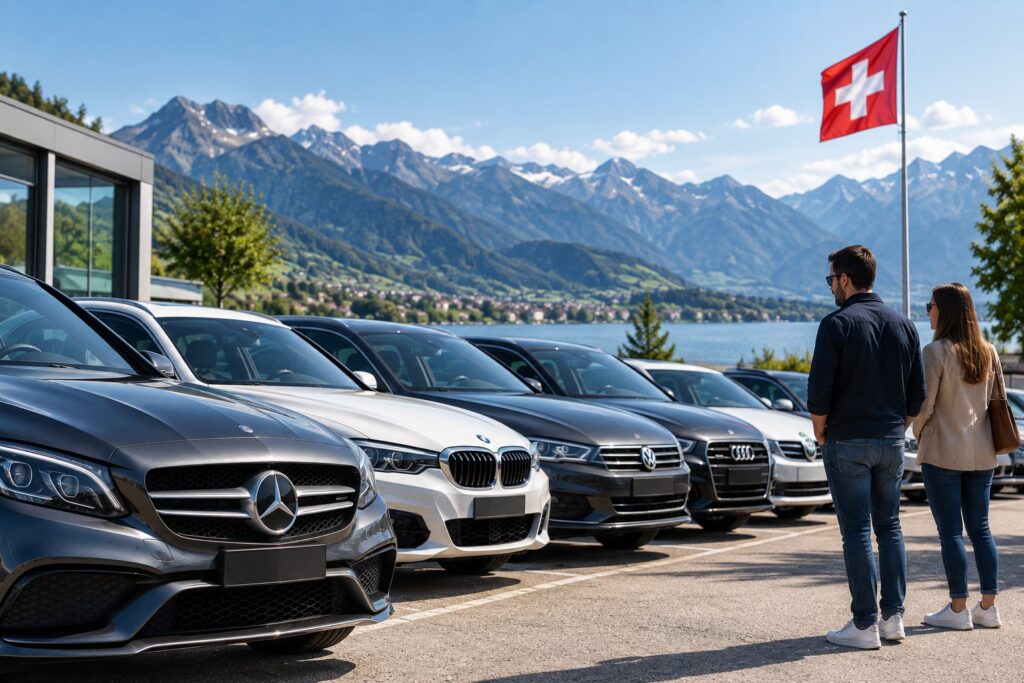 Gebrauchtwagen verschiedener bekannter Marken auf einem Schweizer Fahrzeugplatz vor See und Alpen.